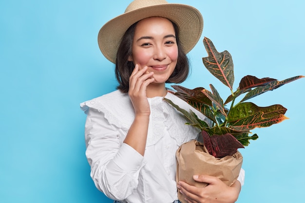 La mujer asiática joven morena de moda viste una blusa blanca y un sombrero con una planta de interior en maceta envuelta en papel para presentarla a las sonrisas de los amantes de las flores aisladas suavemente sobre la pared azul