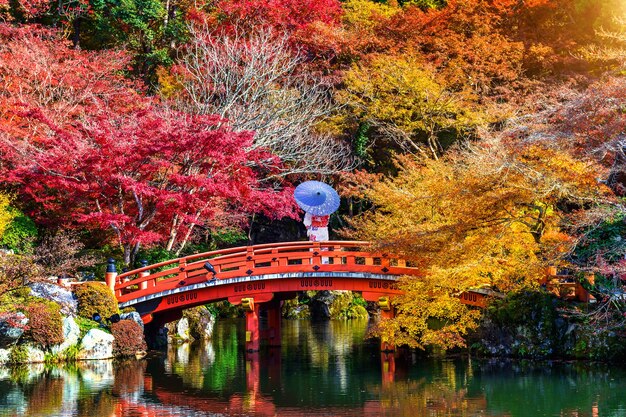 Mujer asiática con kimono tradicional japonés en el parque de otoño. Japón