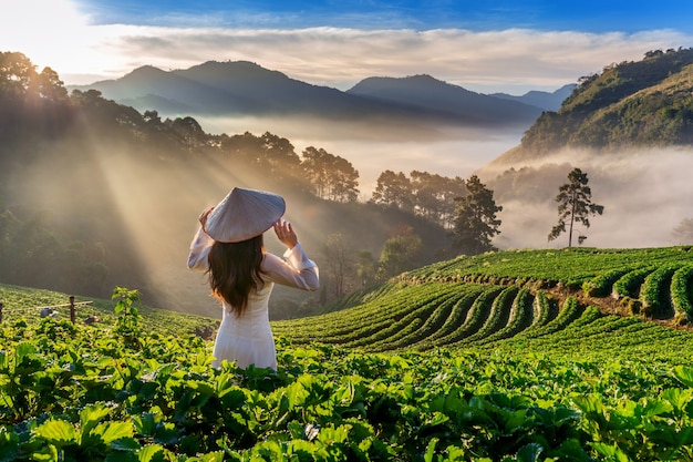 Mujer asiática vistiendo la cultura de Vietnam tradicional en el jardín de fresas en Doi Ang Khang, Chiang Mai, Tailandia.