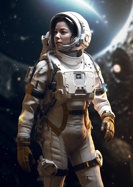 Mujer astronauta de tiro medio con traje espacial