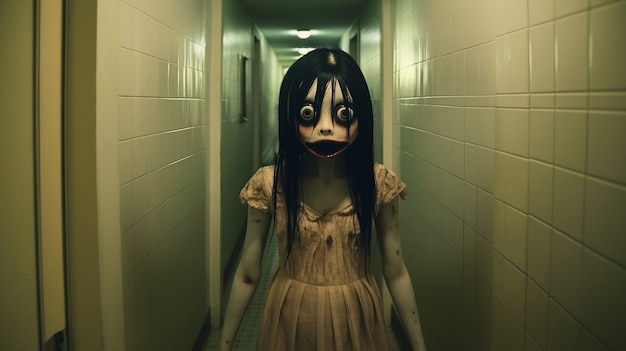 Mujer aterradora en salón abandonado
