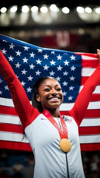 Mujer atlética ganadora de una medalla con bandera estadounidense