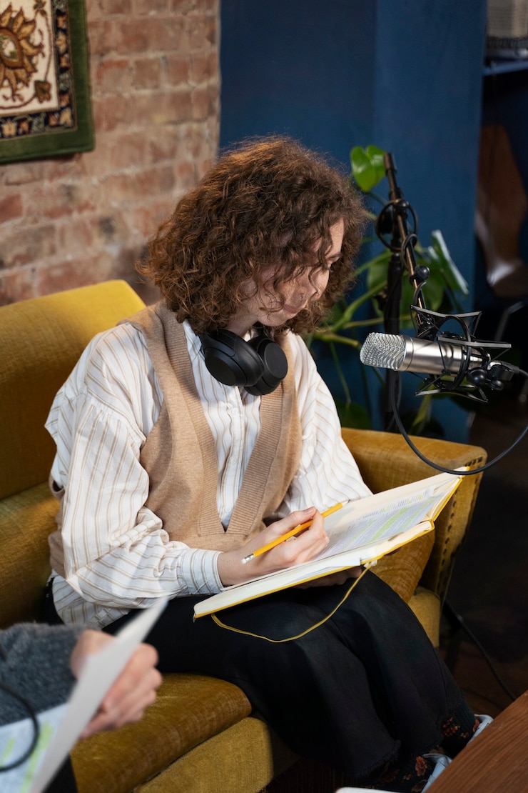 Foto gratuito mujer con auriculares ejecutando un podcast