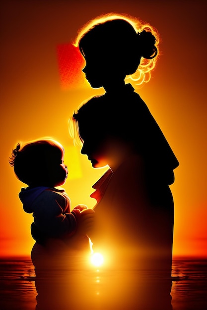 Una mujer y un bebé se recortan contra una puesta de sol.