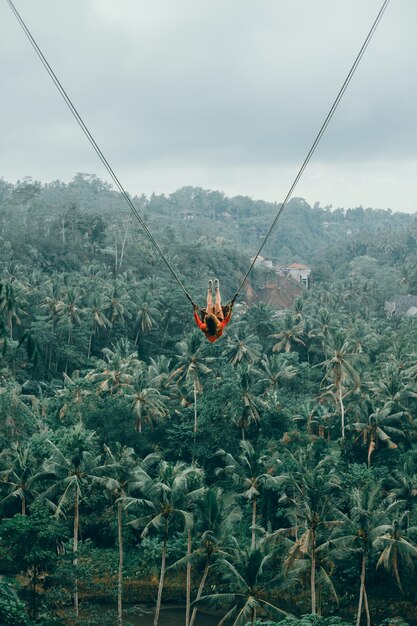 Mujer de belleza en columpio, naturaleza de Bali, cara feliz, selva