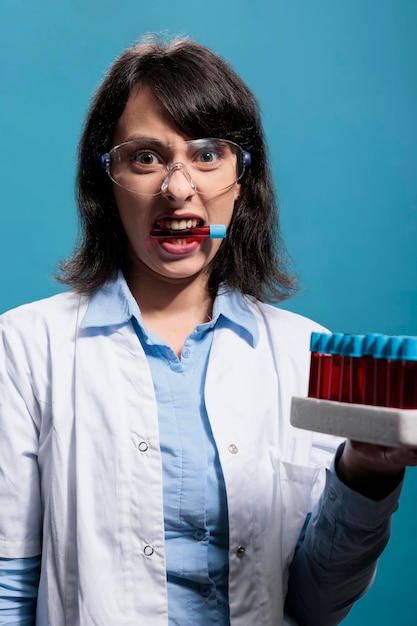 Foto gratuita mujer bioquímica que tiene un tubo de vidrio entre los dientes mientras sostiene una bandeja de laboratorio con sustancia líquida roja. especialista en microbiología con cristalería de laboratorio con tubos de ensayo llenos de muestras de sangre.