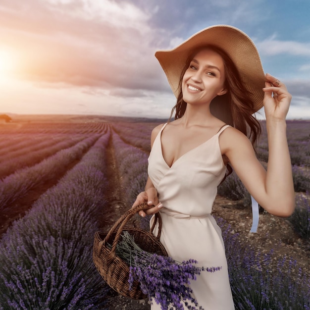 mujer bonita en campo de lavanda