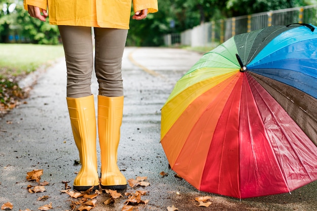 Mujer en botas de lluvia junto a coloridos paraguas