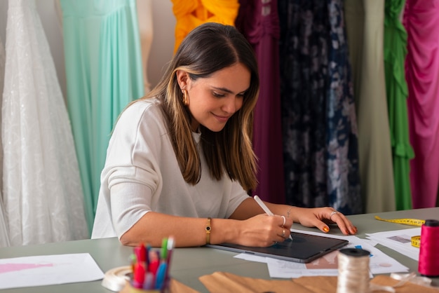 Foto gratuita mujer brasileña de talla media que trabaja como diseñadora de ropa