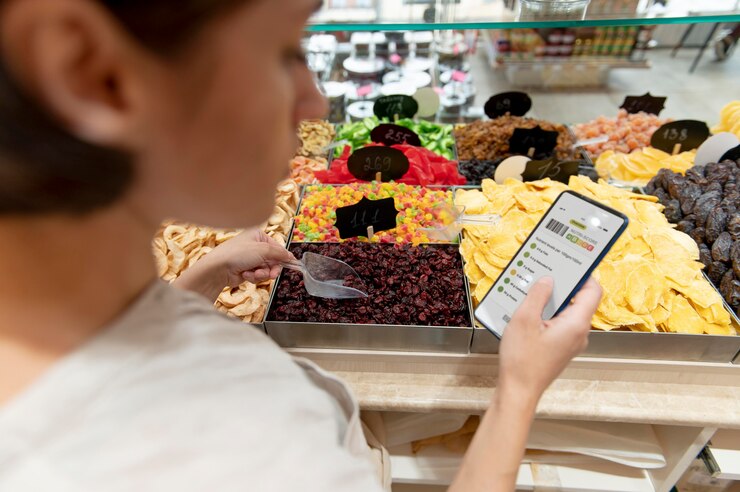Foto gratuito mujer en busca de golosinas diferentes en su lista de compras en un teléfono inteligente
