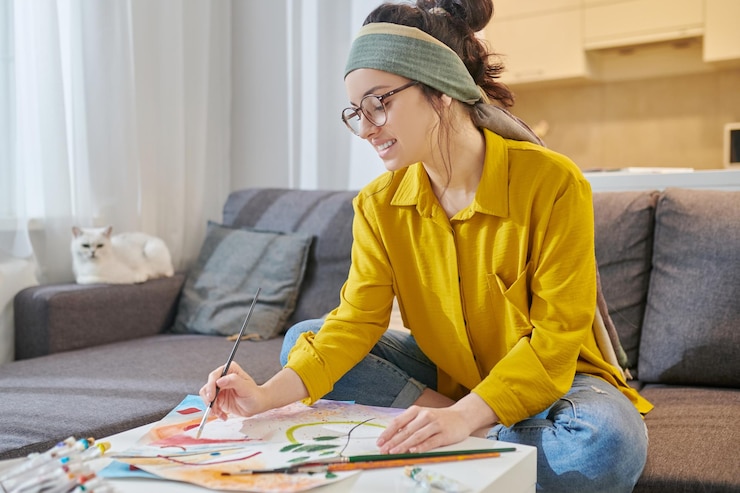 Foto gratuito una mujer con camisa amarilla pintando y luciendo involucrada
