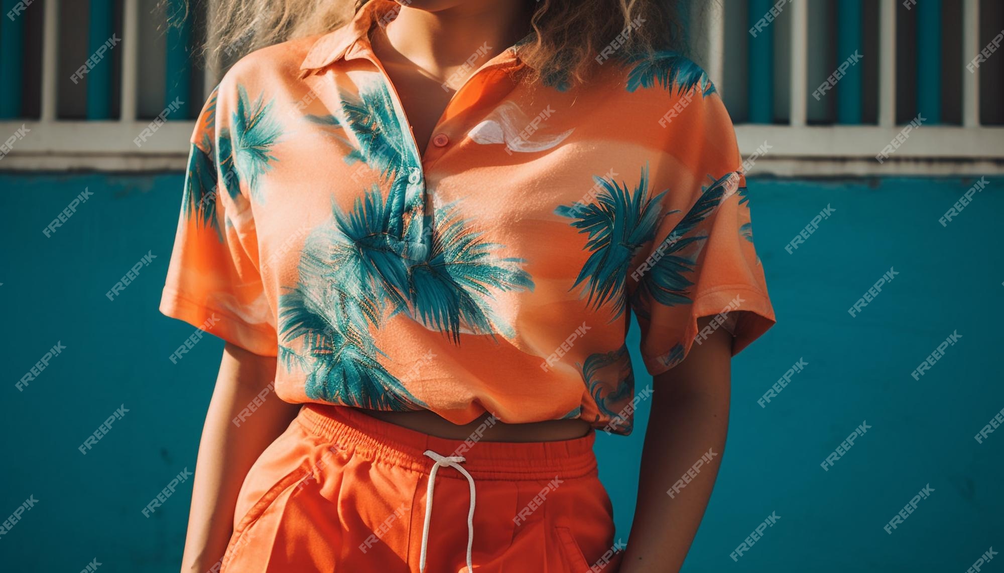 mujer con una hawaiana y camisa con estampado de palmeras. | Gratis