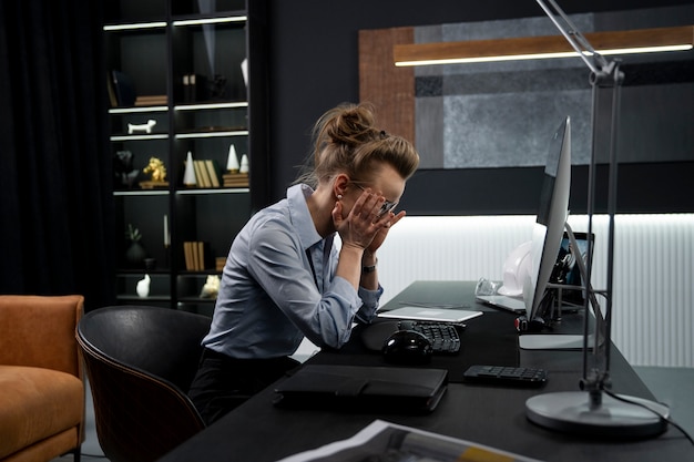 Mujer cansada de tiro medio en el trabajo