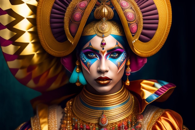 Una mujer con la cara pintada de oro, azul y rosa.