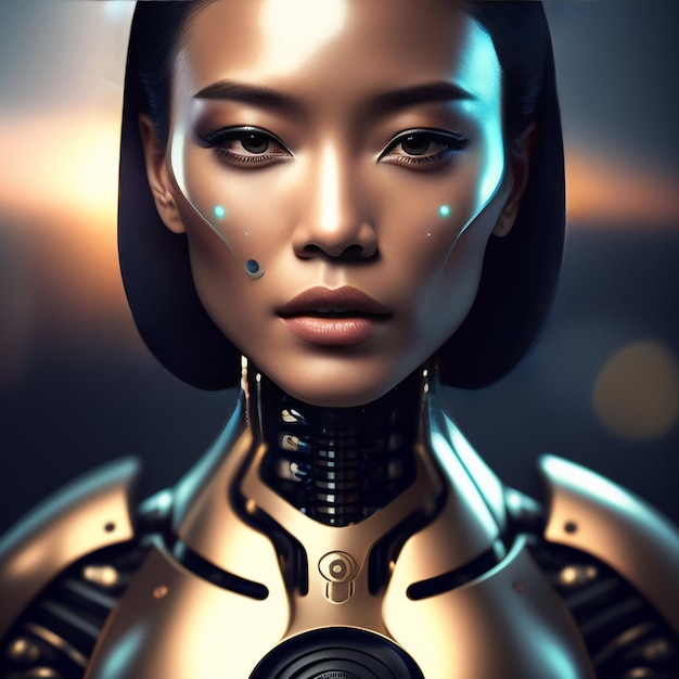 Una mujer con cara de robot dorada y ojos azules.