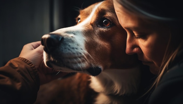 Foto gratuita mujer caucásica abraza a lindo cachorro beagle al aire libre sonriendo generado por ia