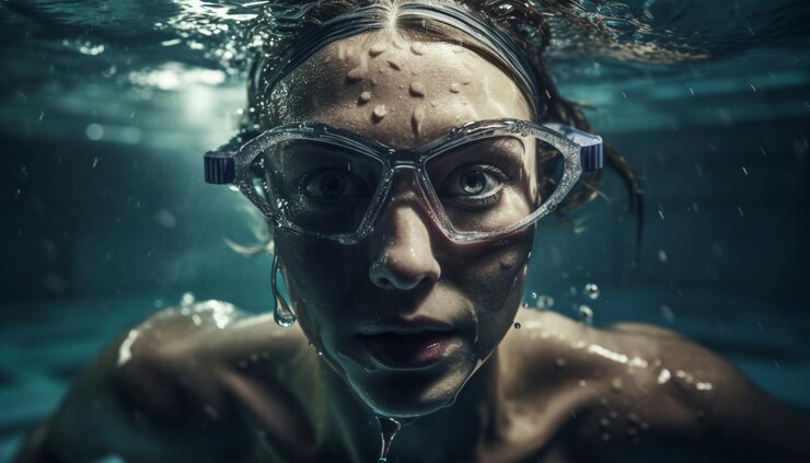 Foto gratuito mujer caucásica buceando bajo el agua con gafas de natación ai generativa