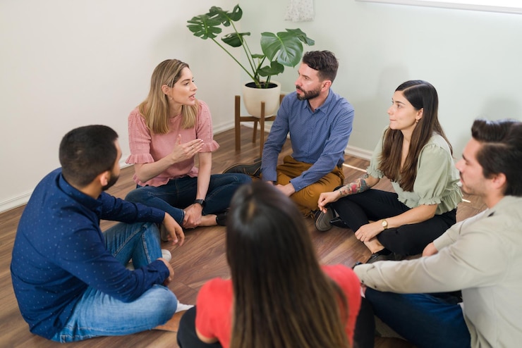 Foto gratuito mujer caucásica compartiendo su experiencia con la adicción con su grupo de rehabilitación. miembro joven que asiste a consejería grupal