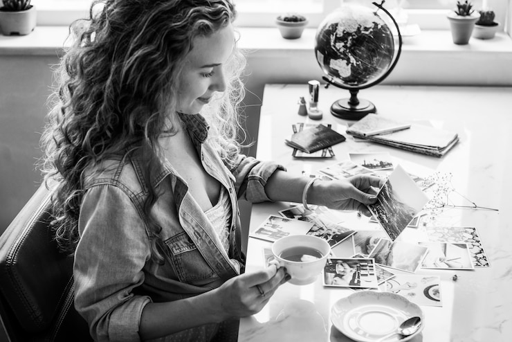 Foto gratuito mujer caucásica mirando fotos