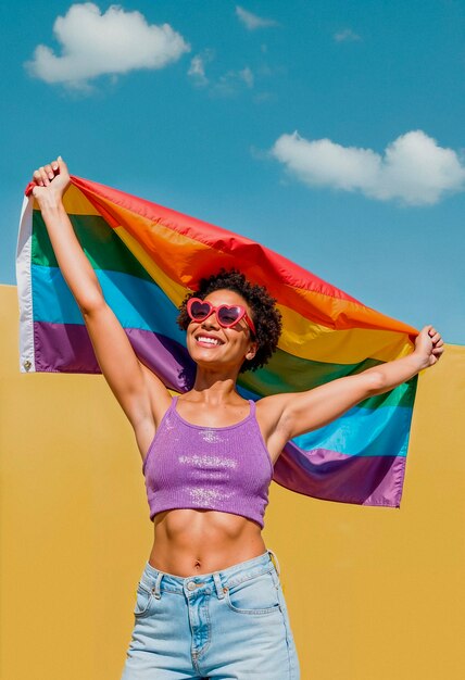 Mujer celebrando el orgullo con la bandera del arco iris