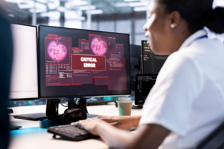 Foto gratuito mujer en un centro de datos que necesita ayuda de ingenieros para arreglar una brecha de seguridad