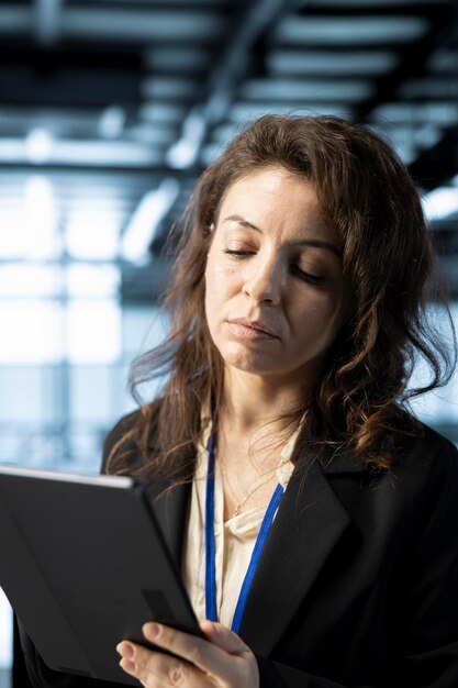 Mujer en el centro de servidores optimizando la utilización de recursos con una tableta