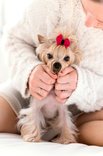 Mujer de cerca con linda mascota en casa