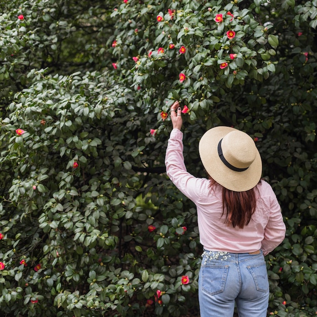 Foto gratuita mujer cerca de muchas flores que crecen en ramitas verdes