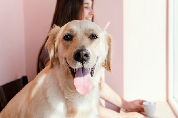 Mujer de cerca con perro sonriente