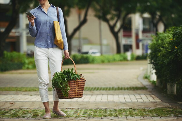 Mujer con cesta de comida fresca y teléfono inteligente de pie al aire libre