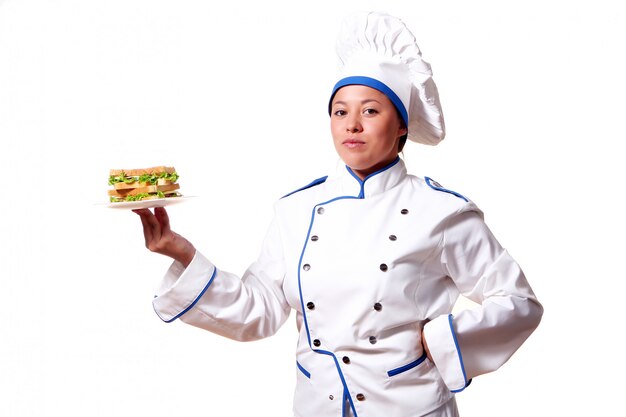 Mujer Chef-Cook con sandwich