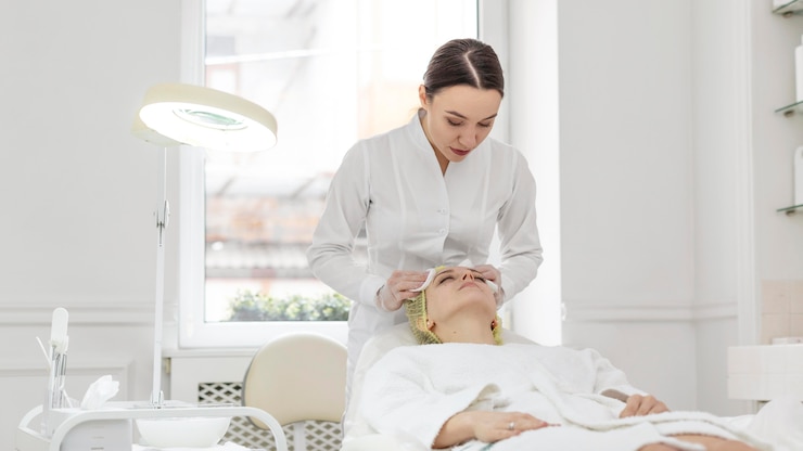 Foto gratuito mujer en la clínica de belleza para tratamiento facial