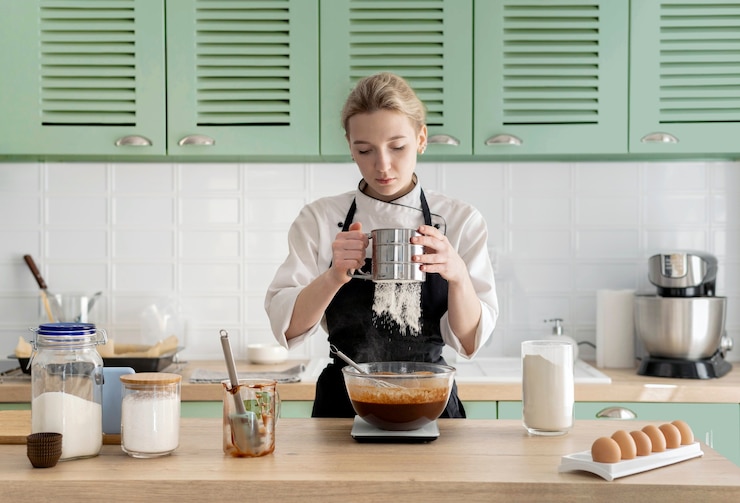 Foto gratuito mujer cocinando en una cocina verde