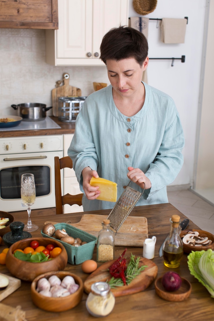 Foto gratuito mujer cocinando comida saludable en casa