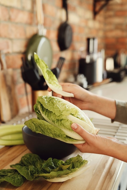 Foto gratuita mujer cocinando con lechuga