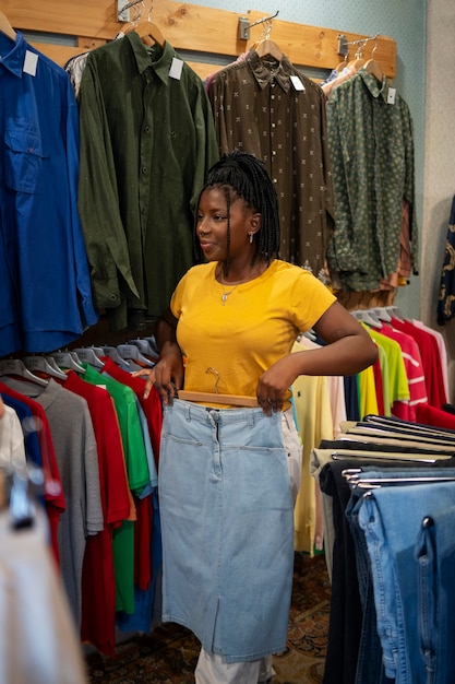 Foto gratuita mujer de compras en una tienda de segunda mano