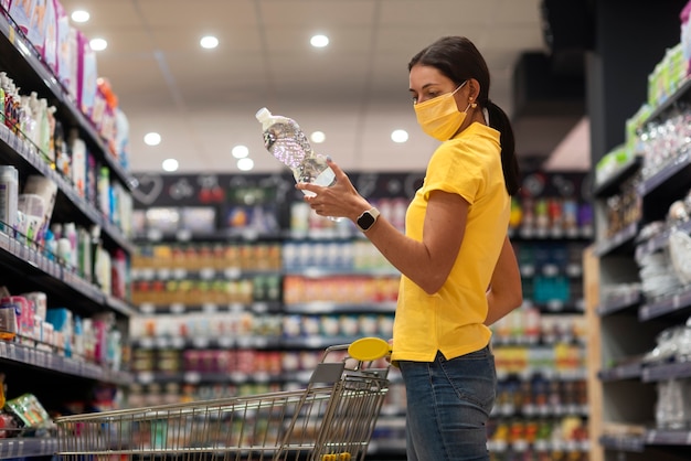 Mujer de compras con vista lateral de máscara