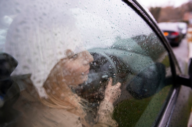Foto gratuito mujer conduciendo en la ciudad mientras llueve
