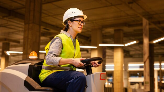 Mujer conduciendo máquina de limpieza tiro medio