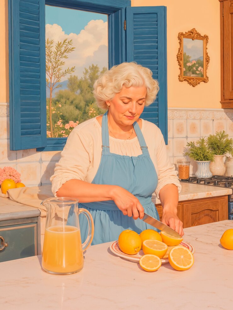 Mujer cortando limones en una cocina soleada