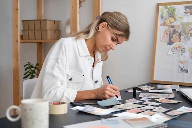 Mujer creando tablero de visión plano medio