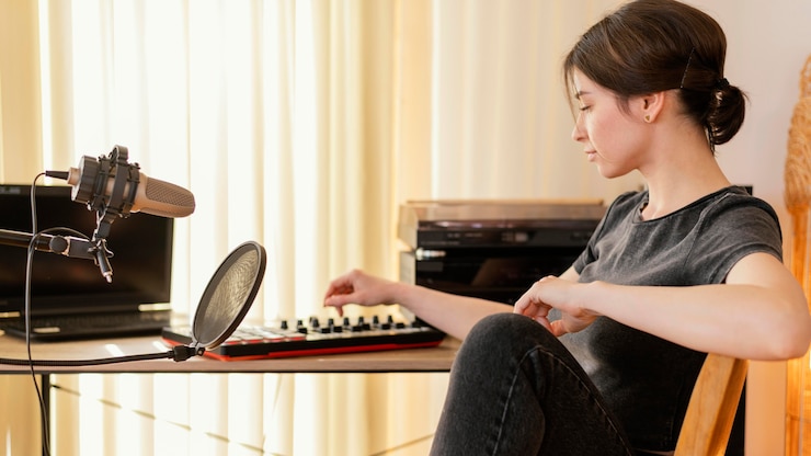 Foto gratuito mujer creativa practicando música en casa