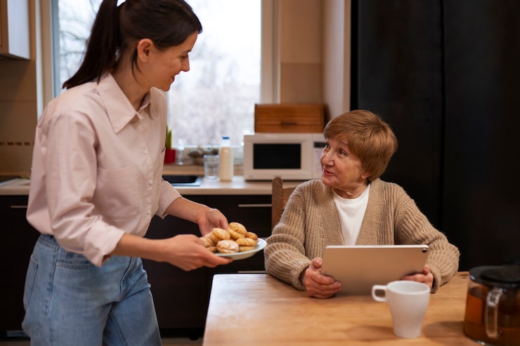 Foto gratuito mujer cuidadora en la casa de su cliente cuidando a una persona mayor