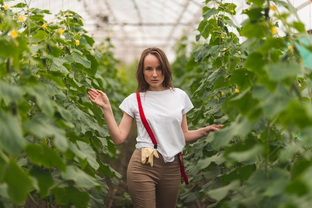 Mujer cuidando plantas en un invernadero