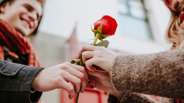 Mujer de cultivo que toma la rosa roja del hombre alegre