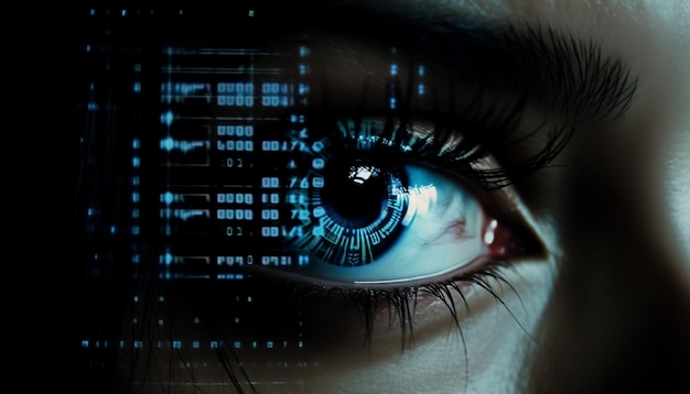 Mujer cyborg de ojos azules observa datos informáticos futuristas generados por IA