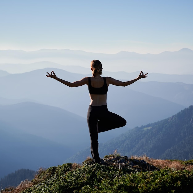 Mujer delgada haciendo meditación sobre la naturaleza