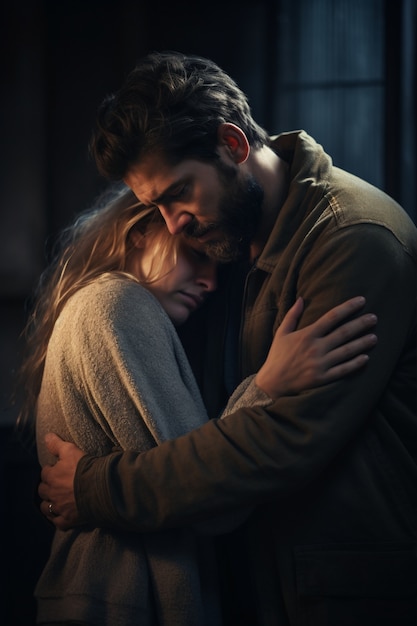 Mujer deprimida abrazada por un hombre