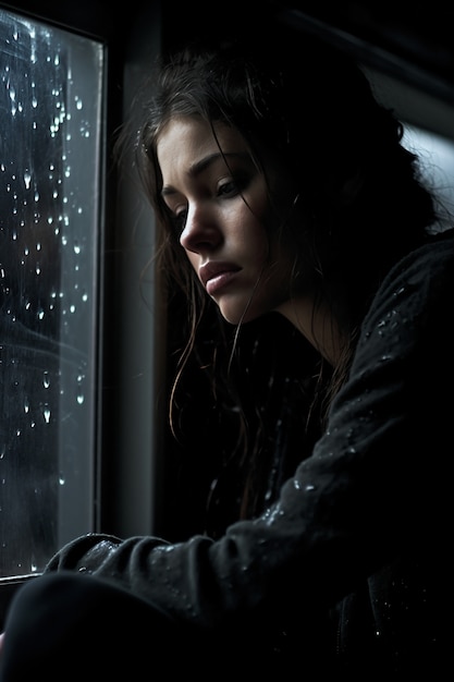 Mujer deprimida mirando la lluvia