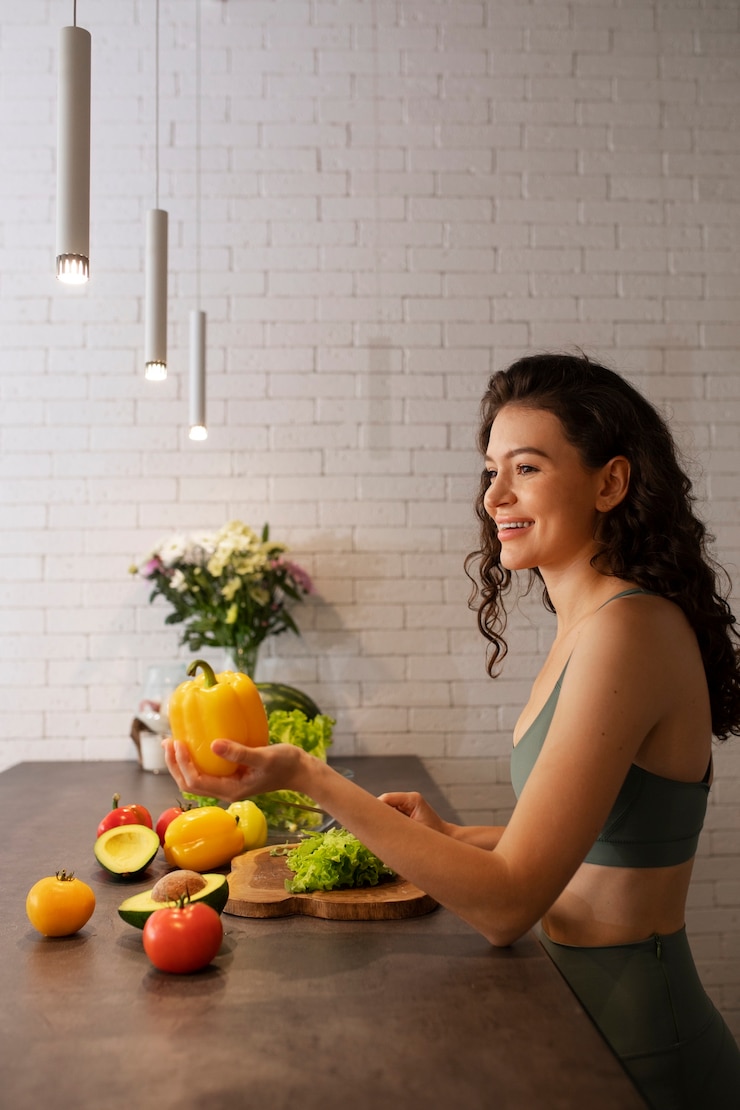 Foto gratuito mujer desconectando digitalmente en casa haciendo una saludable ensalada de verduras